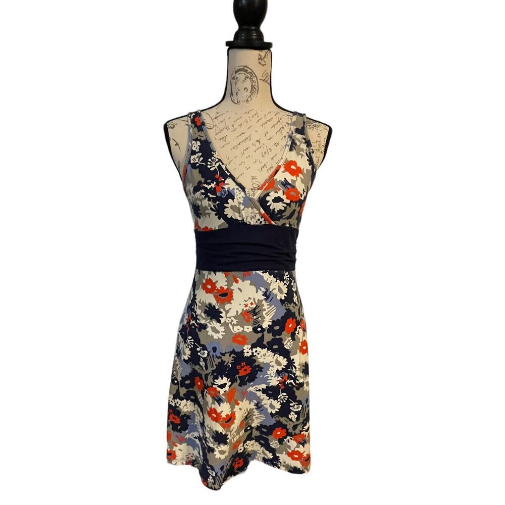 Patagonia Women's Floral Dress Sundress Ruching Tank Top Blue Gray Orange Small